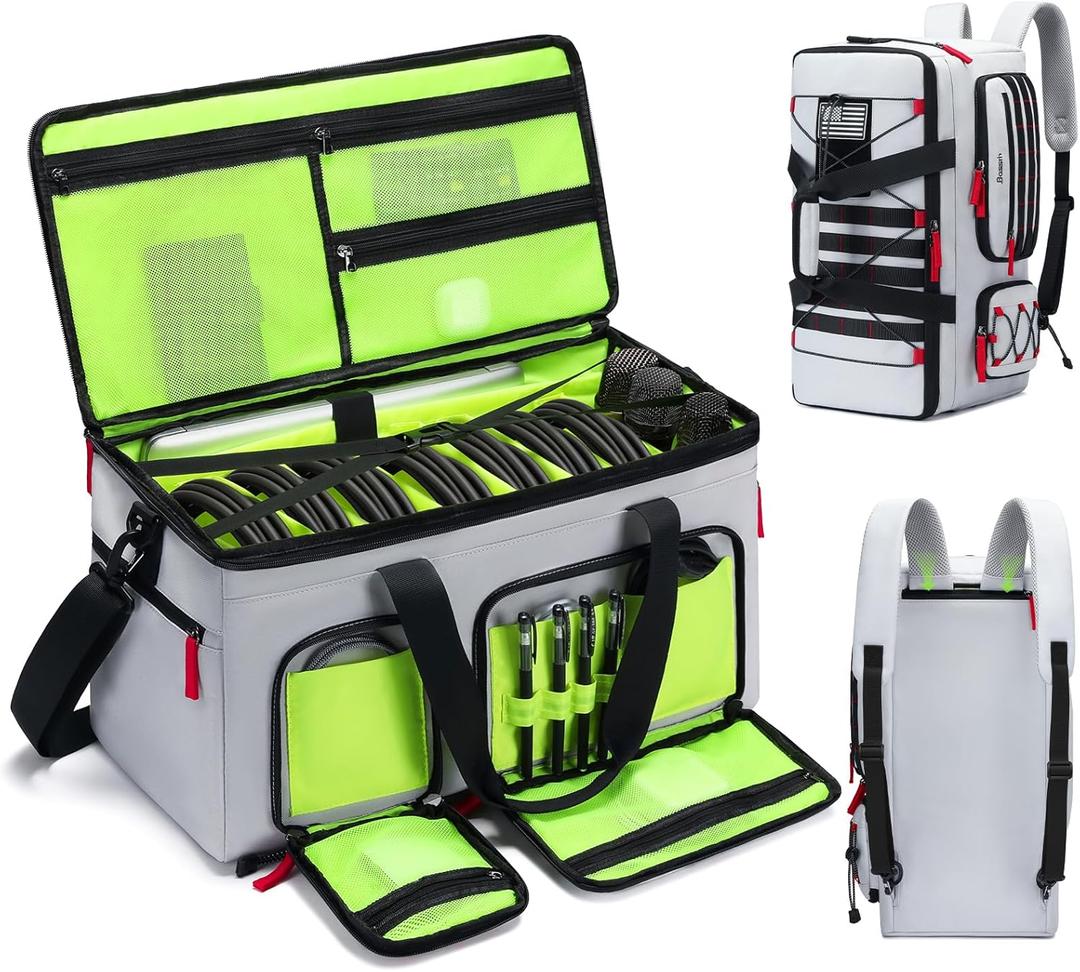 BOSSTIN DJ Cable Gig Bag for Equipment, DJ Cable Organizer Backpack with Detachable Dividers and Padded Bottom, DJ Mixer Bag for Music Gear Accessories with 15.6'' Laptop Compartment (Grey)