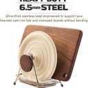 6.5mm Stainless Steel Pot Lid Holder while Cooking, Multifunctional Cutting Board Pan Lid Organizer for Countertop with Beech Wood Accents, Heavy Duty Rack with Nonslip Pads & Removable Drip Tray