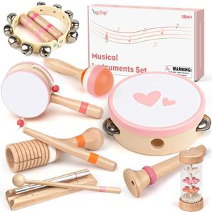 Musical Toys for 2 3 Year Old Girl Birthday Gifts, Wooden Montessori Toys for 2 Year Old, 8 in 1 Musical Instruments for Toddlers with Drum/Hand Bells/Flute/Maracas, Preschool Toys for Baby 18+ Months