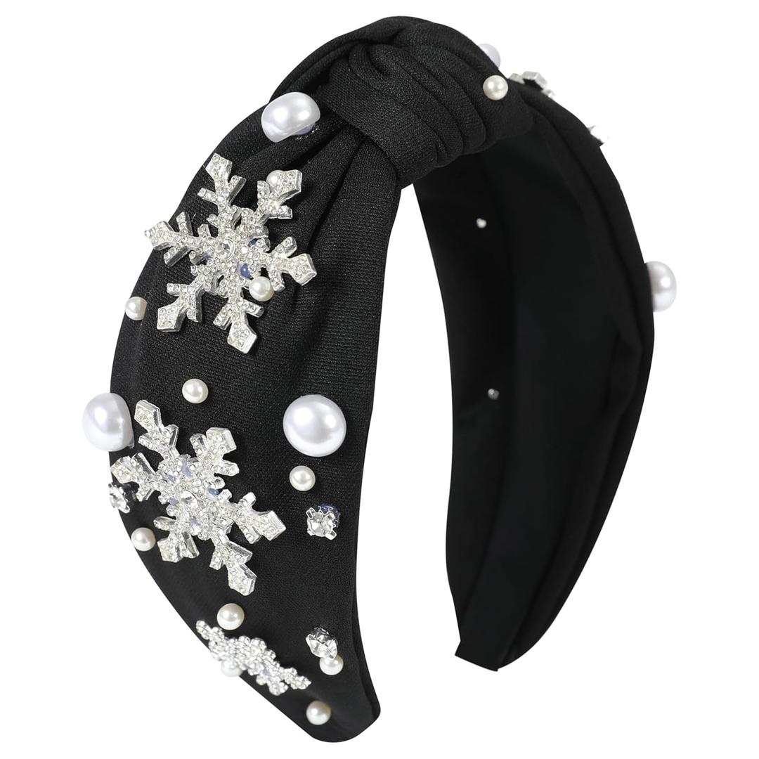 Christmas Snowflake Headbands for Women Crystal Pearl Tree Snowflake Knotted Headband Embellished Wide Twist Xmas Hairband Holiday Christmas Headpiece Outfits Accessories