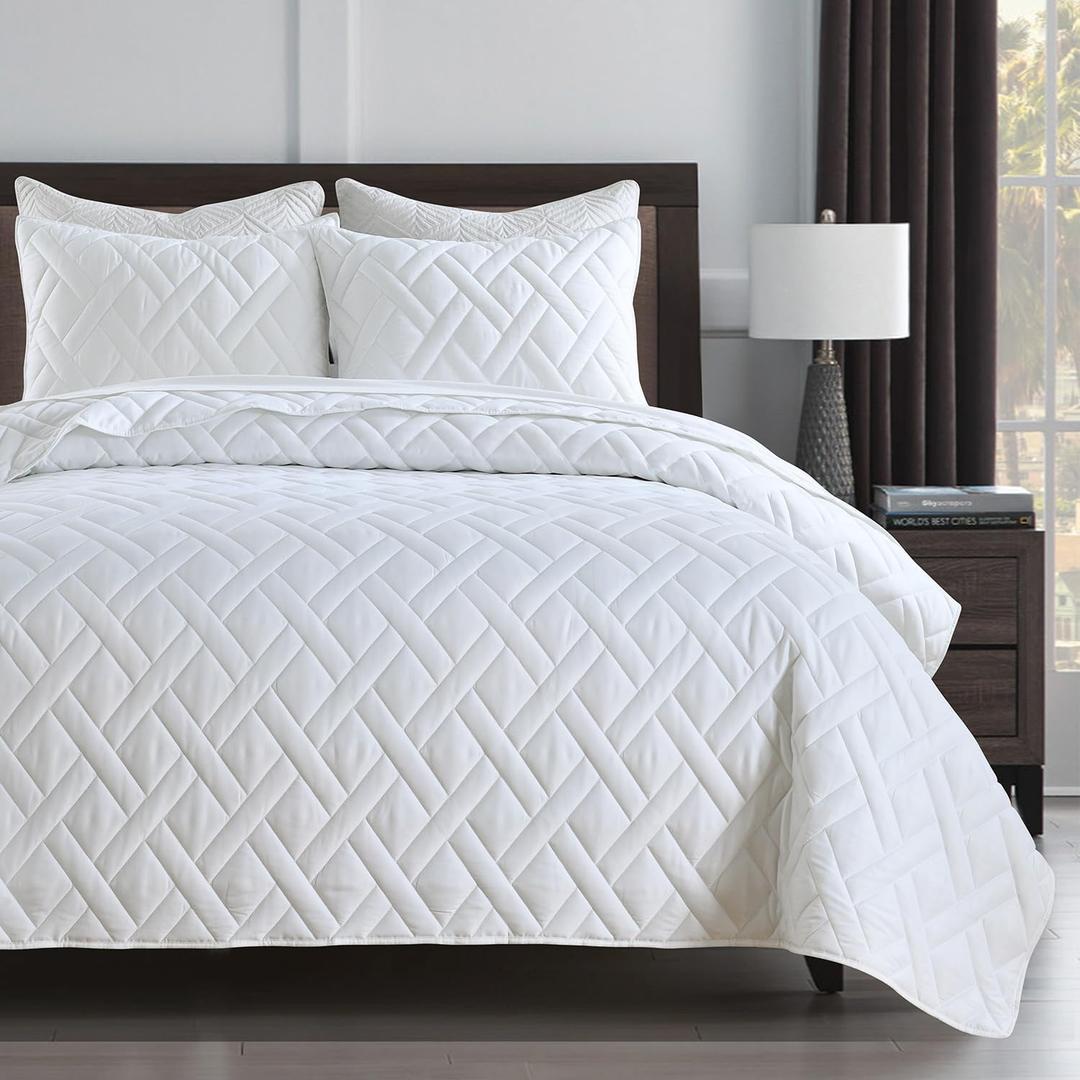HORIMOTE HOME Quilt Set Twin Size White, Classic Geometric Diamond Stitched Pattern, Ultra Soft Microfiber Lightweight Bedding Set Bedspread Coverlet for All Season (1 Quilt and 1 Pillow Sham) (Twin(68" x 86"))