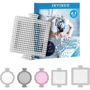 INVIHUG,25 Pack, Disposable Shower Drain Hair Catcher Mesh Stickers,Disposable Hair Drain Catcher. (4.1inch Square) (White)