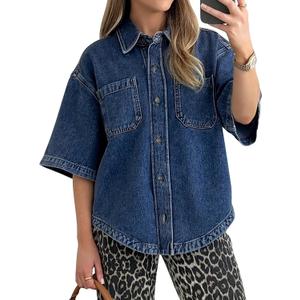 Women's Denim Shirt, Button Down Short Sleeve Jean Shirts Casual Top Outfits Trendy (X-Large, Dark Blue)