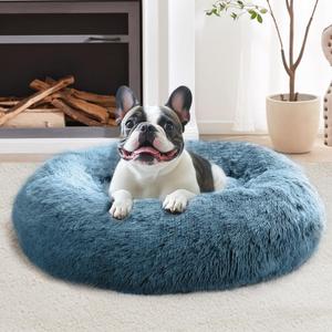 JOLLYVOGUE Calming Dog Bed Medium Size Dog, Anti-Anxiety Donut Medium Pet Bed, 27 inches Fluffy Faux Fur Round Cat Bed (Blue) (27.0"L x 27.0"W x 8.0"Th)