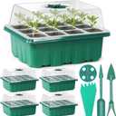 Sfee 5 Pack Seed Starter Tray Kit, 60 Cells Seedling Starter Trays with Humidity Dome and Base Greenhouse Growing Trays, Reusable Seed Germination Seedling Tray with Garden Tools Labels (Green)