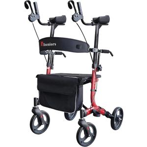 Aliseniors Upright Walker for Seniors - Big Stand Up Walker with Wide Seat, Foldable 4 Wheel All-Terrain Rolling Walker, Adjustable Armrests, 300lbs, Improves Posture & Reduces Back Strain