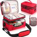 Tesuko Medicine Bag for Traveling with Portable Small Pouch, Double Layer Pill Bottle Organizer Storage Case with Lockable Zippers, Carrying Medication Travel Case with Shoulder Strap (Bag ONLY), Red