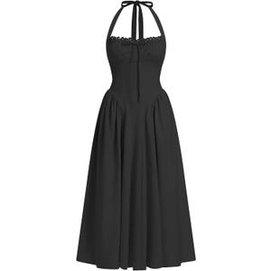 ABEHIK Women Floral Corset Dress Summer Dresses Boho Flowy Adjustable Halter Neck Lace Up Midi Dresses A Line Casual Sundress, Black, Small