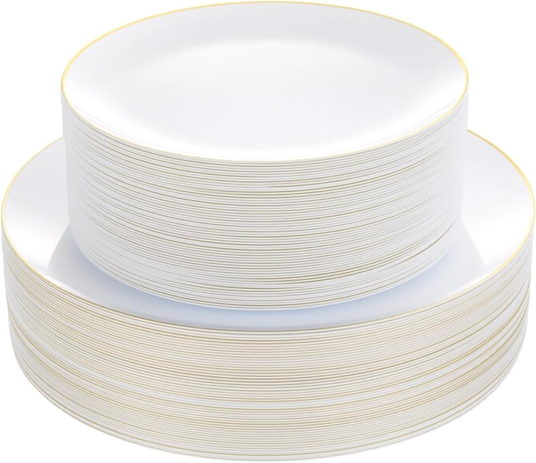 Bestluck 100PCS White Plastic Plates with Gold Rim, White Gold Disposable Plates for Party, Wedding, Include 50 Dinner Plates, 50 Dessert Plates for 50 Guests