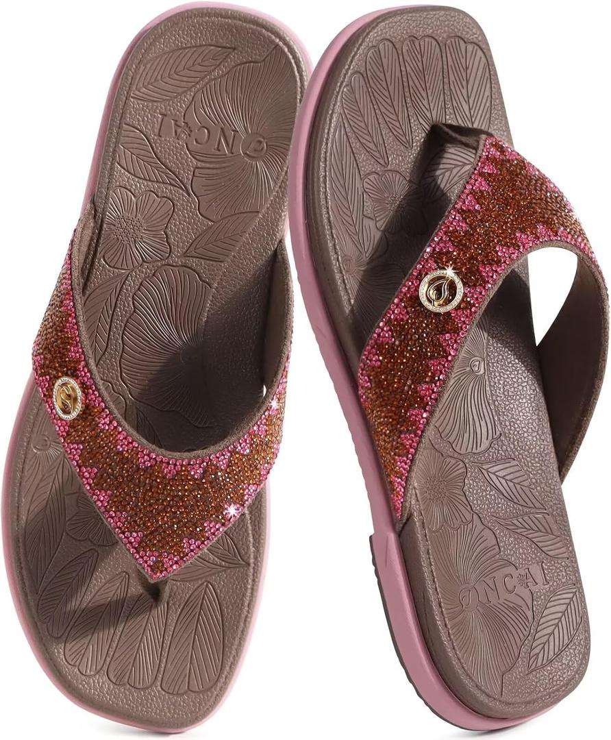 ONCAI Women's Flat Bedazzled Flip Flops with Sparkling Rhinestone Studded Summer Beach Pool Walking Sandals with Outdoor Rubber Sole US Size 6-12 (Brown)