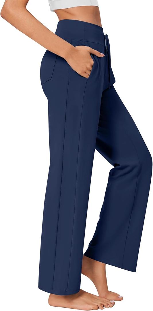 PINSPARK Wide Leg Yoga Pants Women High Waisted Workout Pants UPF 50+ Drawstring Sweatpants with 4 Pockets (Blue, M)