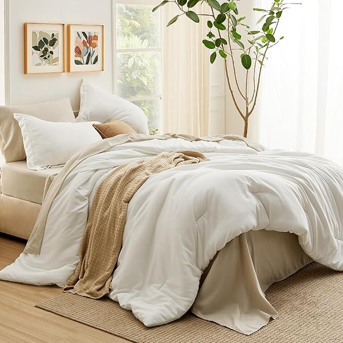 Bedsure Queen Comforter Set - 7 Pieces White Queen Bedding Set for All Seasons, Boho Contrasting Design Bed in a Bag with Comforter, Sheets, Pillowcases & Shams