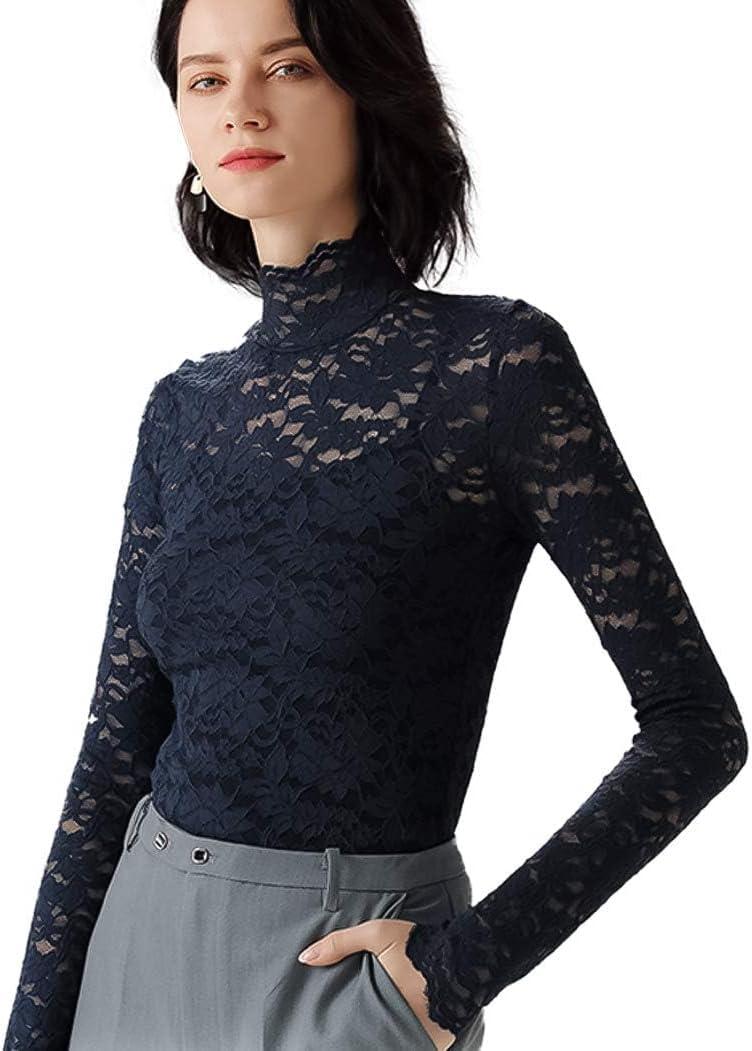 Women's Summer Floral Lace Top Sexy Long Sleeve Mock Neck Casual Shirt Going Out Blouse, Medium, Royal Blue & Without Cami