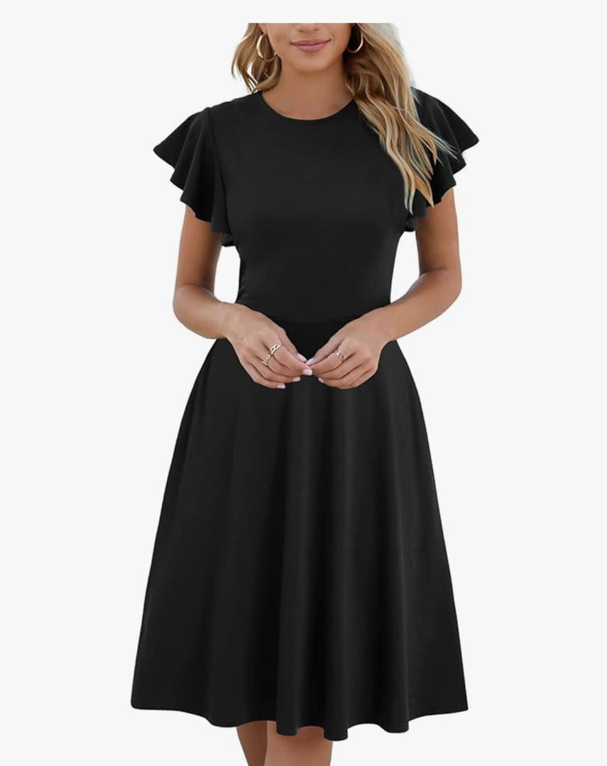 HELYO Women's Semi-Formal Ruffle Sleeves V-Back Work Fit and Flare Cocktail Knee Length Dress with Pockets, Size L
