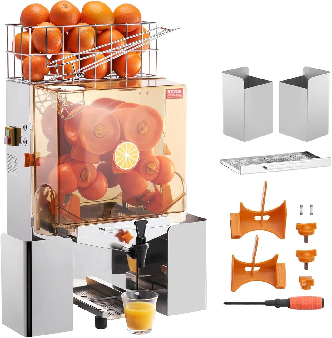 VEVOR Commercial Orange Juicer Machine, 120W Automatic Juice Extractor with Water Tap, Stainless Steel Orange Squeezer 20 Oranges/Minute, with Pull-Out Filter Box, PC Cover, 2 Peel Collecting Buckets (Silver)