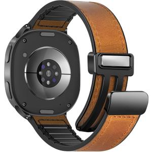 Genuine Leather Watch 8 Band Compatible with Samsung Galaxy Watch 8 40mm 44mm/ 8 Classic 46mm, Magnetic Buckle Silicone Bottom Design Adjustable Wristbands Accessories for Men and Women