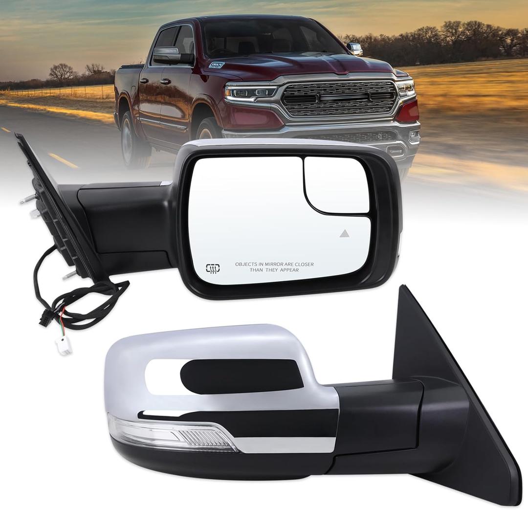 Right Passenger Side Mirror Compatible With 2019-2025 Ram 1500 With Power Folding Power Glass Heated Turn Signal Puddle Lights Blind Spot Chrome Replace#68276502AH(2+9Pins)