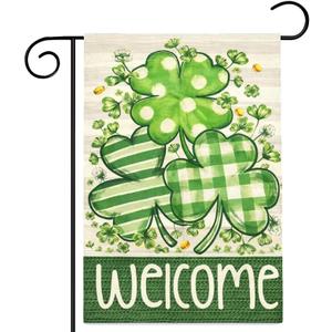 St Patricks Garden Flag, 28x40 Inch St Patricks Flag, Welcome Yard Flag with Shamrocks Clovers for Outdoor Porch Decorations (Green)