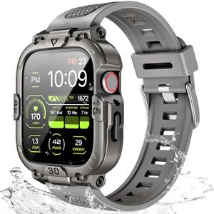 Dsytom Waterproof Case with Band Compatible for Apple Watch Band 46mm 45mm 44mm 42mm(S11/10) 41mm 40mm for Men,Rugged Smartwatch Strap with Built-in Tempered Glass Screen Protector for iWatch Series 11/10/9/8/7/6/5/4/SE (Titanium)
