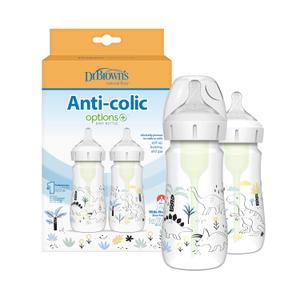 Dr. Brown's Anti-Colic Options + Wide-Neck Baby Bottle Designer Edition Dino Decos, 9oz/270mL, Level 1 Slow Flow Nipple, BPA-Free, 0m+, 2-Pack