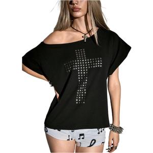 Milumia Women's Y2k Punk Off Shoulder Short Sleeve T Shirt Grunge Ripped Backless Going Out Tee Tops