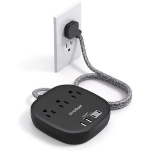 Flat Plug Power Strip, One Beat 5Ft Flat Extension Cord, 3 Outlets 4 USB Ports (2 USB C) 22.5W/4.5A Desktop Charging Station Power Strip No Surge Protection, Cruise Ship Dorm Room Travel Essentials-BK