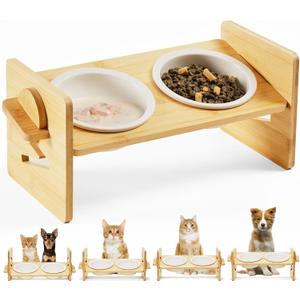 Ceramic Elevated Cat Bowls - 15 Raised Bowl for Indoor Cats & Small Dogs, Natural Bamboo, Anti Vomiting, Dishwasher Safe