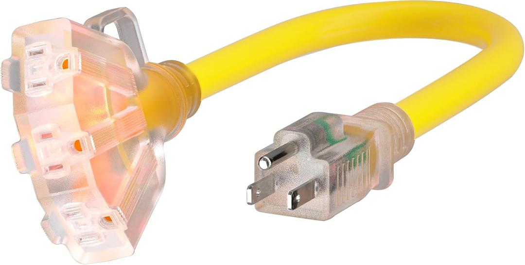 1 FT 12/3 Gauge Outdoor Extension Cord with Multiple Outlets Light Indicator, Flexible Weatherproof 3 Outlet Heavy Duty Extension Cord Waterproof Yellow, 15A 1875W 12AWG SJTW, ETL Listed