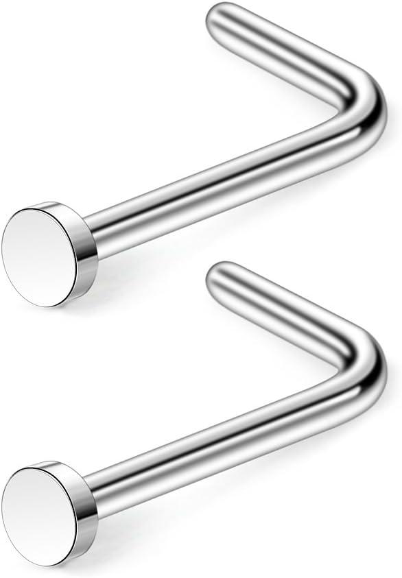 Ruifan 18G 20G 316L Surgical Steel Nose Stud Ring L Shaped with 2MM Flat Top Piercing Jewelry 2 PCS