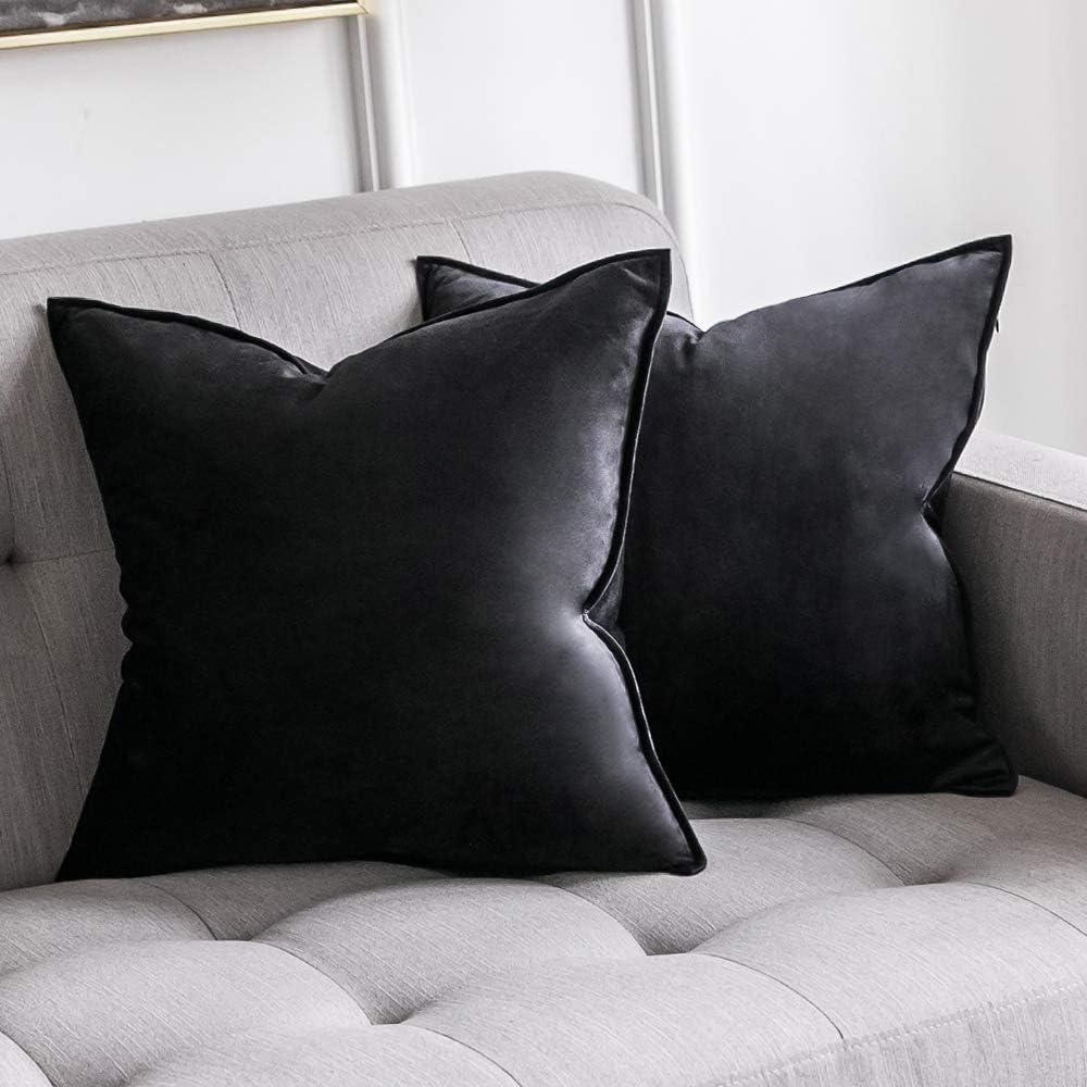 MIULEE Pack of 2 Decorative Velvet Throw Pillow Cover Soft Pillowcase Solid Square Cushion Case for Sofa Bedroom Car 20x20 Inch 50x50 Cm Black (20" x 20" (Pack of 2))