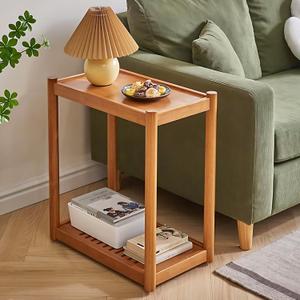 Narrow Side Table with Wheels, 2-Tier Solid Wood End Table, Natural