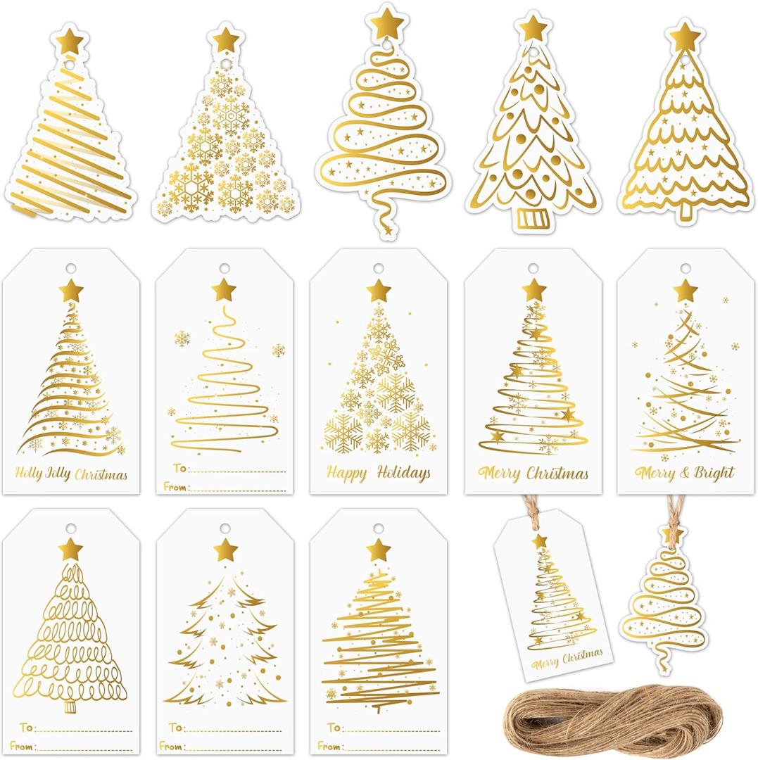 WATINC Christmas Hanging Tag Labels - 137pcs Xmas Ornaments Envelope Present Paper Gift Tags Hang Decor, Christmas Tree Winter Holiday Party Art Craft Decoration Supplies for Tree Fireplace Wall(Gold)