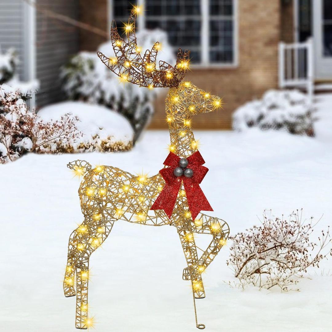 Hausse Lighted Christmas Reindeer, 47" Pre-Lit 3D Glitter Gold Standing Xmas Male Deer, Light Up with 105 LED Lights, Outdoor Xmas Yard Displays, Plug in for Party New Year Winter Patio Lawn Garden