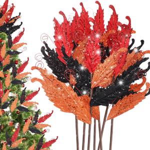 HyDren 10 Pcs Christmas Glitter Leaves Large Ornaments for Christmas Tree Picks Sprays Artificial Stems Branches Twigs Sprigs Floral for Xmas Tree Wreath Garland Vase DIY Decor(Red Black Orange)