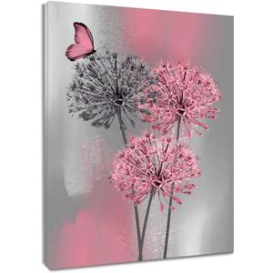 LB Pink Dandelion Canvas Wall Art Pink and Grey Dandelion with Butterfly on Modern Abstract Wall Art Aesthetic Wall Decor for Living Room Bedroom Bathroom Office Framed Ready to Hang 24L x 16W
