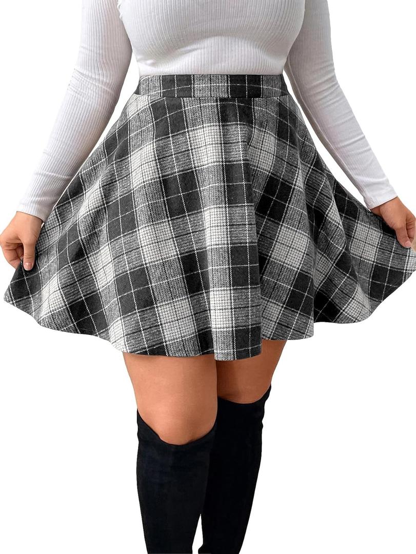 MakeMeChic Women's Plus Size Plaid Mini Skirt High Waisted Aline Flare Pleated Skirt (XX-Large Plus, Plus Dark Grey)