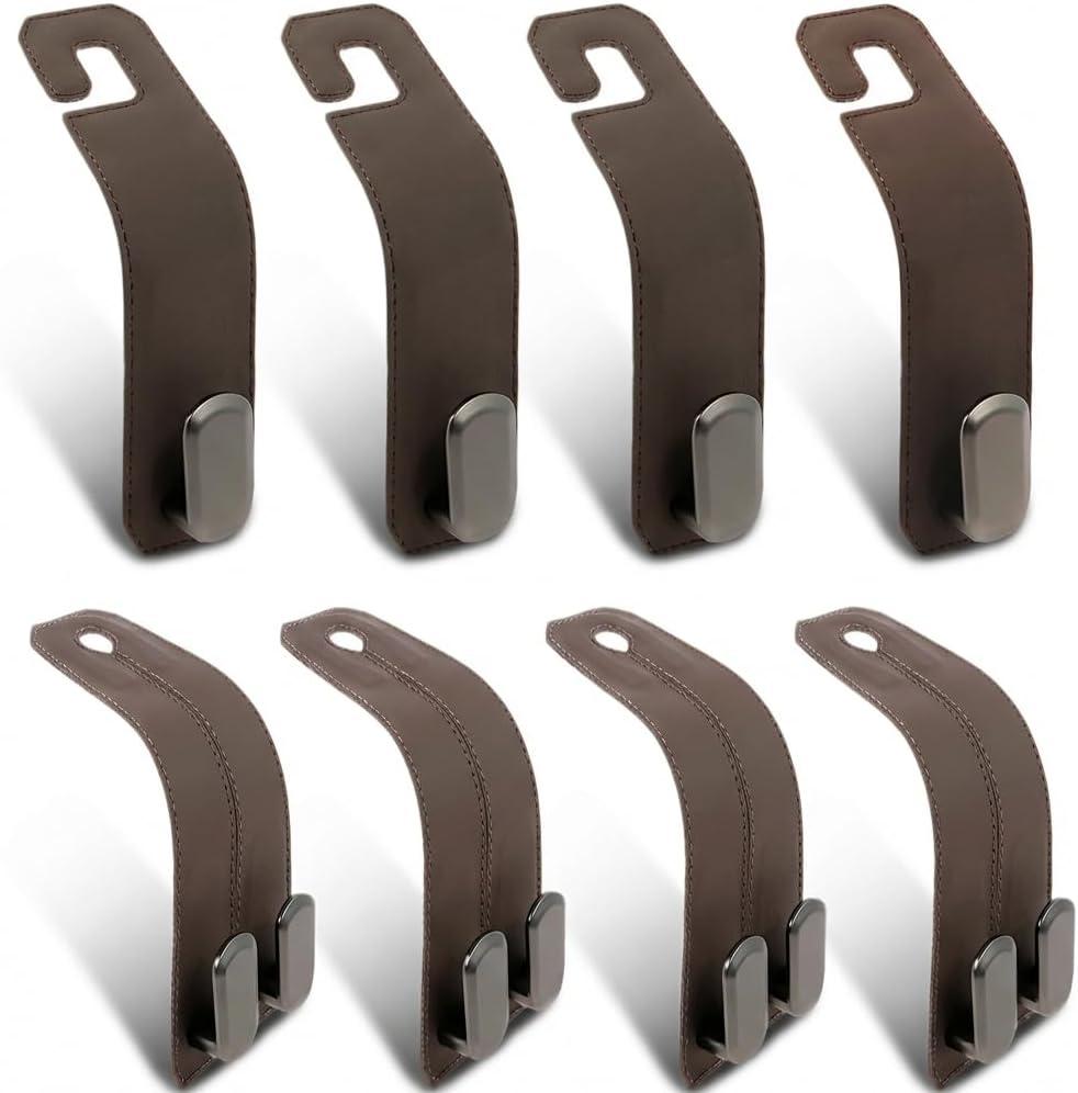 8pc Leather Car Seat Storage Hanger,4 Car Bag Purse Holder with Double Metal Hooks+4 Leather Car Headrest Hook,Car Purse Hook Seat Back Hanger Storage Organizer, Car Hook for Purses and Bags