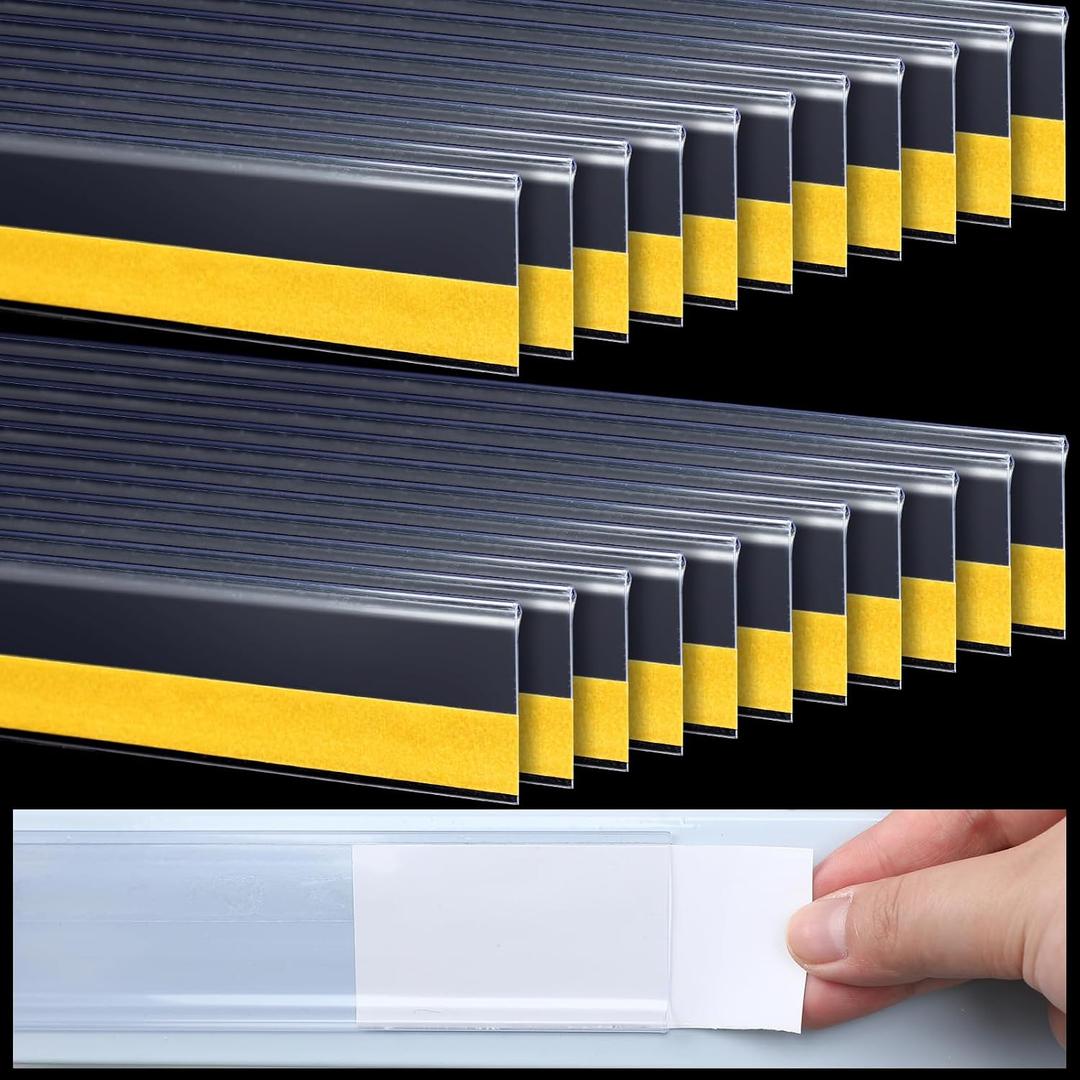 Fainne 25 Pcs Shelf Label Strips 1.5''H x 48" L Self Adhesive Shelf Label Holder Gondola Price Tag Stick on Plastic Clear Ticket Channel for Metal Wood Plastic Rack(White)