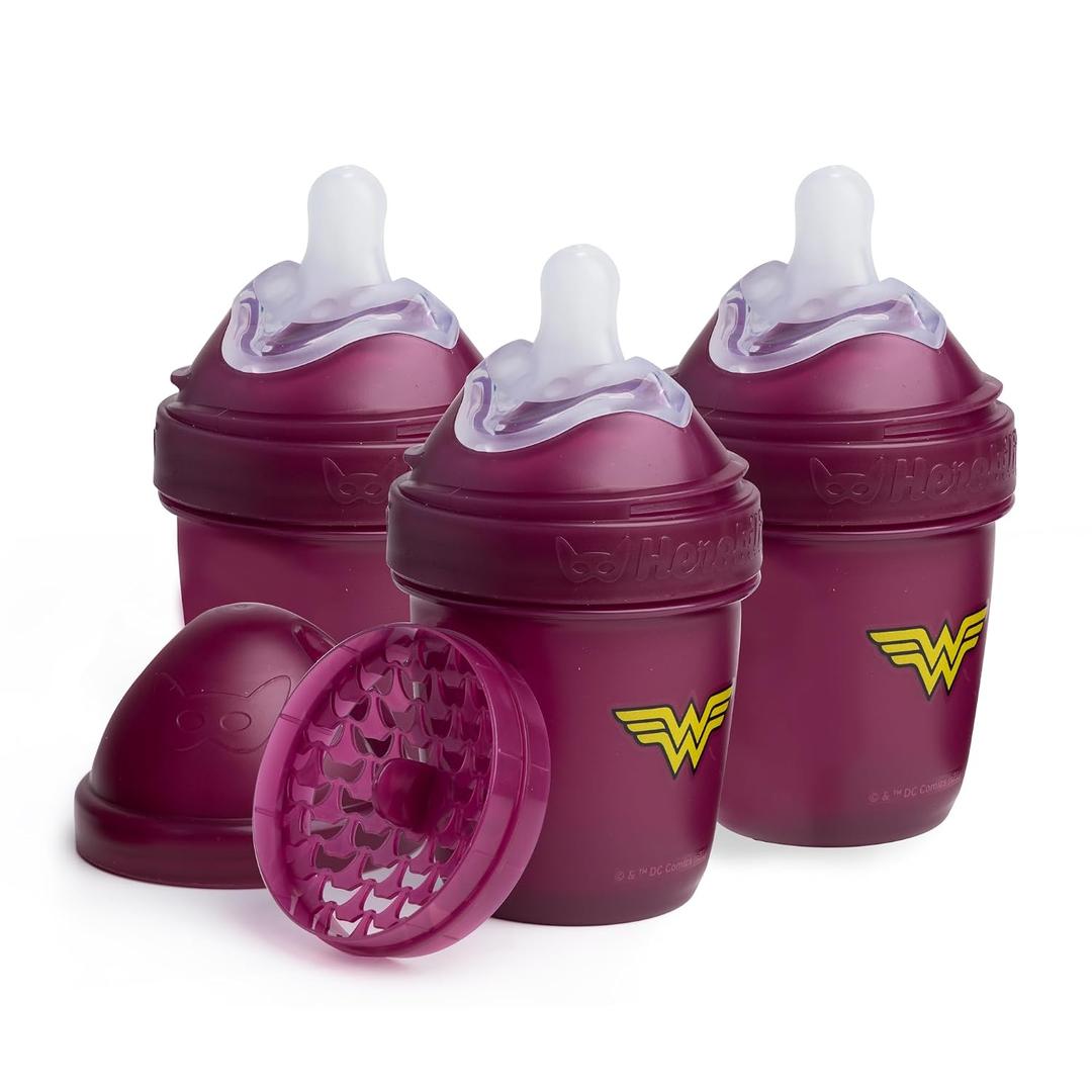 Herobility Anti-Colic Baby Bottles 5 oz / 140 ml Pack of 3 Newborn Baby Bottles, Slow Flow Plastic Bottles, Breast-Shaped Teat for Breastfed Babies, Small Baby Bottles, Swedish Design, Wonder Woman