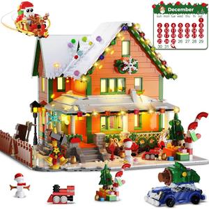 Advent Calendar 2025 Christmas House Mini Building Set with Light, 24 Days Countdown Snow Village Building Block Kit with Santa Claus Sleigh, Holiday Building Toy Gift for Adults Boys Girls 14+