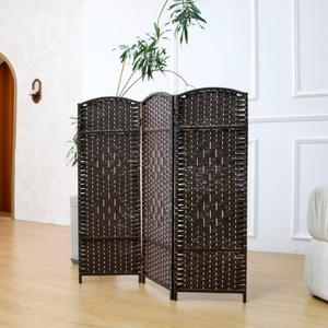 3-Panel Short Room Divider, 3.9 ft Freestanding Partition Wall, Dark Brown Rattan Double-Sided Folding Screen for Living Room, Bedroom & Corner Privacy