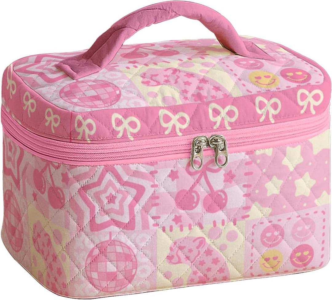 Large Quilted Makeup Bag for Women Preppy Aesthetic Cosmetic Case Travel Toiletry Organizer with Handle Girly Vanity Skincare Brushes Accessories