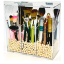 Acrylic Makeup Organizer,Clear Cosmetic Brush Storage Box With 3 Brush Holders,with Dust Cover, Large-capacity Split Design can Quickly Organize the Desktop (with 3 bags of white pearls)