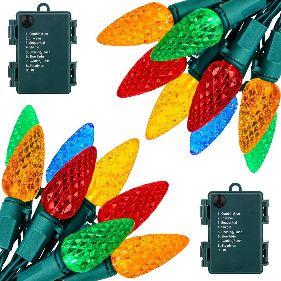 Brightown C6 LED Christmas String Lights - 2 Pack 20ft 60LED Battery Operated Strawberry String Lights with Timer and 8 Light Modes for Christmas Trees, Wreaths, Indoor Outdoor Xmas Decor, Multicolor