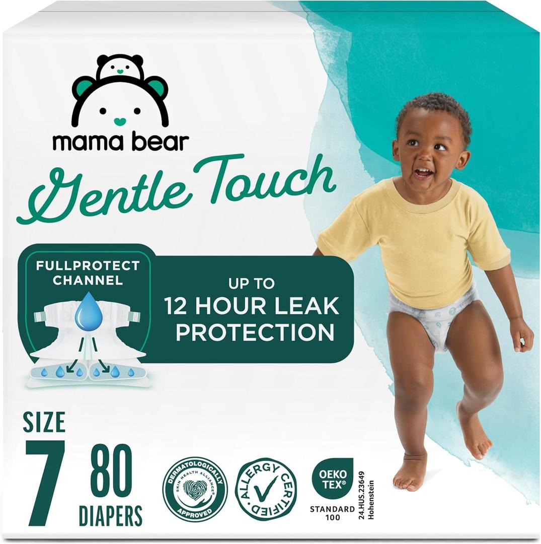 Amazon Brand - Mama Bear Gentle Touch Baby Diapers, Size 7, 80 Count (4 packs of 20), Skin Safe, 12 Hours Protection, Wetness Indicator, Stretchy Waistband