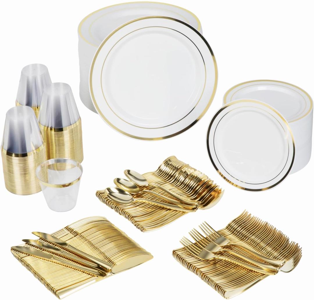 Prestee 600-Piece Disposable Party Dinnerware Set for 100 Guests - Gold Silverware Disposable with Plates, Cups, Knives, Forks, Spoons - Elegant Reusable Wedding Reception and Events Supplies