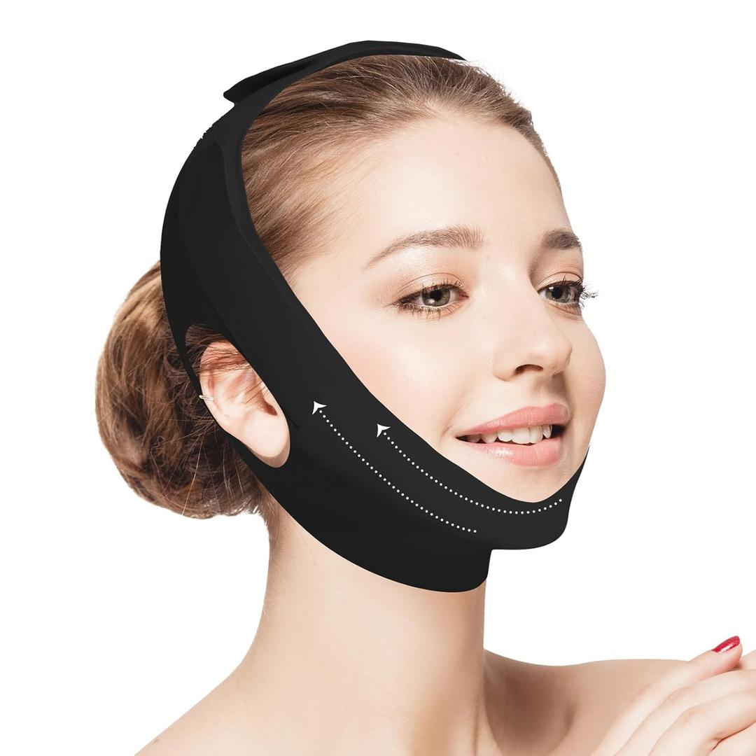 Jawline Shaper Chin Strap for Sleeping, Reusable V-Line Mask for Women Face Lifting Made w/Electric-Hot-Press Tech for Skin-Friendly & Breathable Cooling Fabric (Black, M)