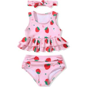 Baby Girl Swimsuit Infant Two Piece Suit with Headband Toddler Bathing Ruffles Bikini Tankini Beach Swimwear 18M-5T (Pink)