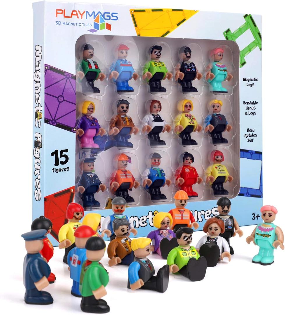 Playmags Magnetic Figures Community Set of 15 Pieces - 2 Inches Play People Perfect for Magnetic Tiles Building Blocks - STEM Learning Toys Children Magnet Tiles Expansion Accessories Pack