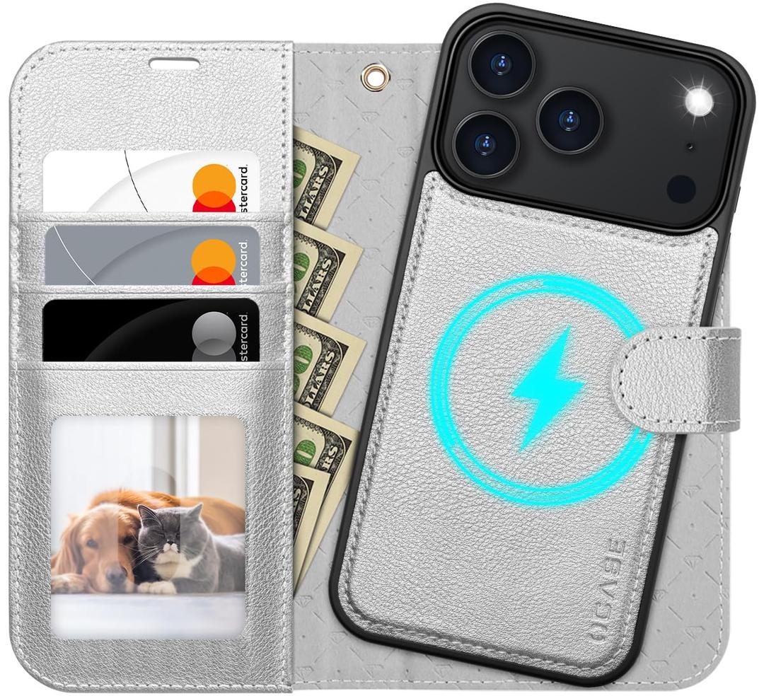 OCASE for iPhone 17 Pro Detachable Wallet Case with Card Holder, 2 in 1 PU Leather Flip Folio with RFID Blocking Stand Wrist Strap Shockproof Phone Cover 6.3 Inch 2025, Silvery